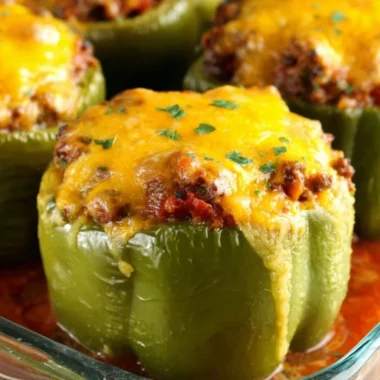 Colorful stuffed peppers filled with rice, beans, and spices, served on a plate.