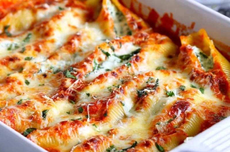 Easy stuffed shells filled with cheese and herbs on a serving plate