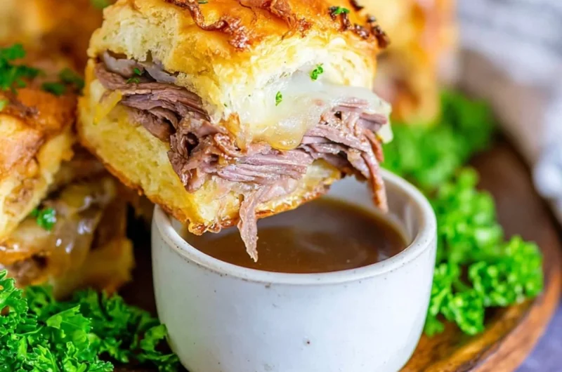 Delicious French Dip Sliders with juicy beef and savory dipping sauce