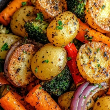 Garlic herb roasted potatoes with colorful veggies on a serving plate