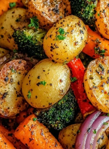 Garlic herb roasted potatoes with colorful veggies on a serving plate