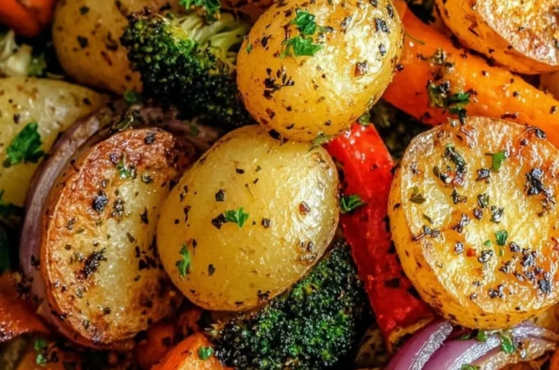 Garlic herb roasted potatoes with colorful veggies on a serving plate