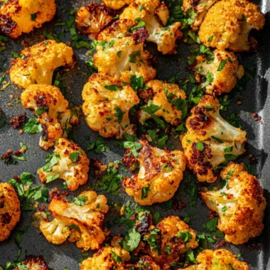 Garlic-Parmesan roasted cauliflower served in a dish, garnished and ready to enjoy.