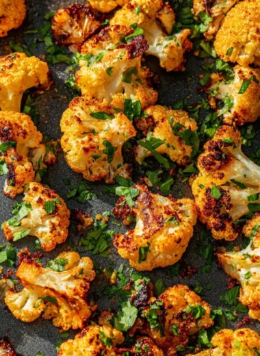 Garlic-Parmesan roasted cauliflower served in a dish, garnished and ready to enjoy.