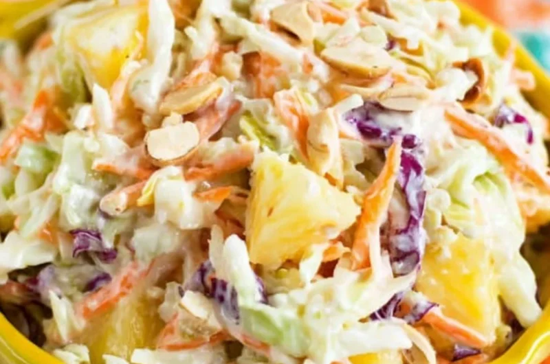 Hawaiian Coleslaw with Pineapple served in a bowl, showcasing the vibrant ingredients.
