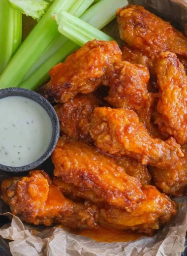 Plate of homemade buffalo wings with spicy sauce and celery sticks