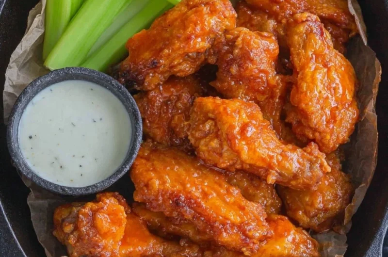 Plate of homemade buffalo wings with spicy sauce and celery sticks
