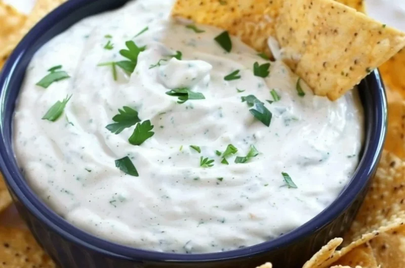 Bowl of homemade ranch dip with fresh vegetables for dipping