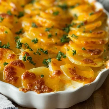 Homemade scalloped potatoes layered with cheese and cream.
