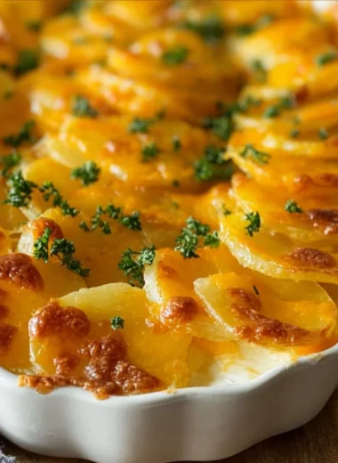 Homemade scalloped potatoes layered with cheese and cream.