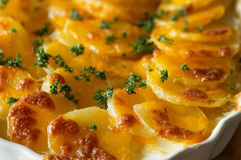 Homemade scalloped potatoes layered with cheese and cream.