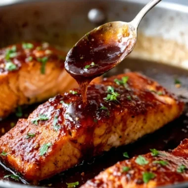 Honey Garlic Salmon dish garnished with herbs on a plate