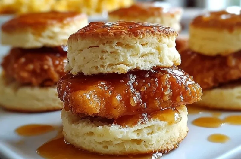 Hot Honey Chicken Biscuits with crispy chicken and drizzle of honey glaze
