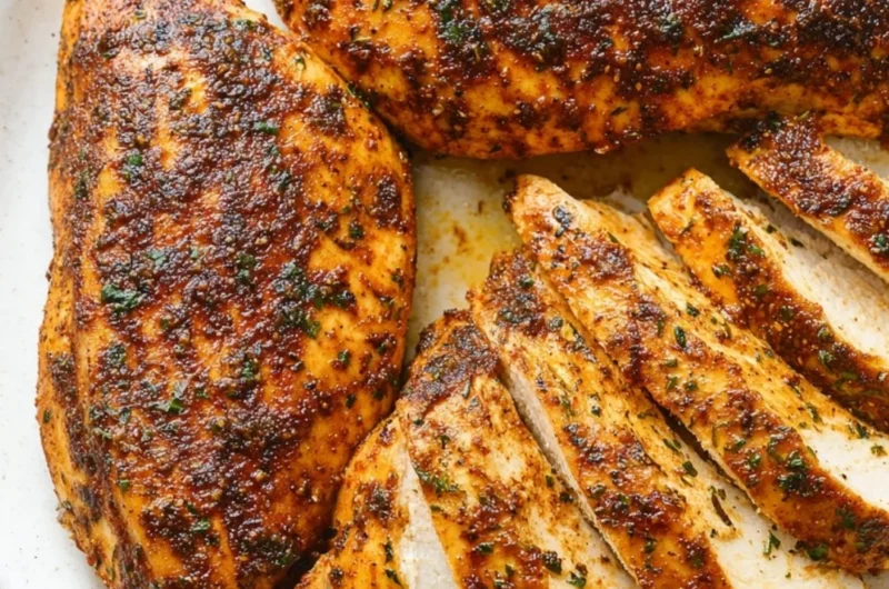Juicy baked chicken breast served with herbs and spices on a plate