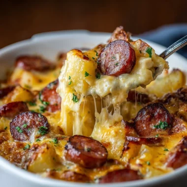 Cheesy potato kielbasa casserole served in a rustic dish