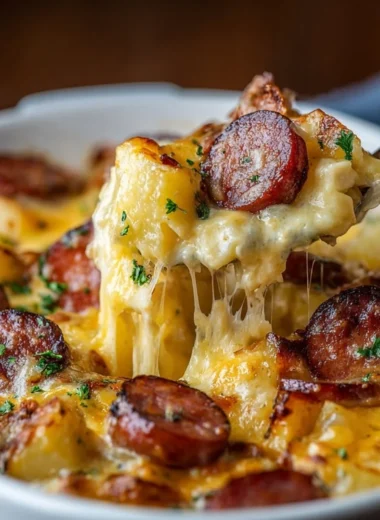 Cheesy potato kielbasa casserole served in a rustic dish