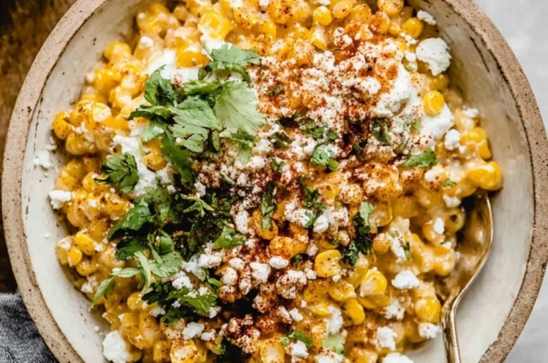 Baked Mexican street corn casserole in a serving dish, topped with cheese and herbs.