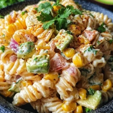 Delicious Mexican Street Corn Pasta Salad served in a bowl with fresh toppings