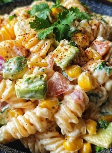 Delicious Mexican Street Corn Pasta Salad served in a bowl with fresh toppings