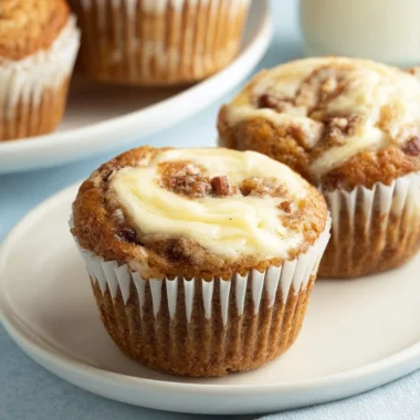 Moist banana cream cheese muffins on a wooden table