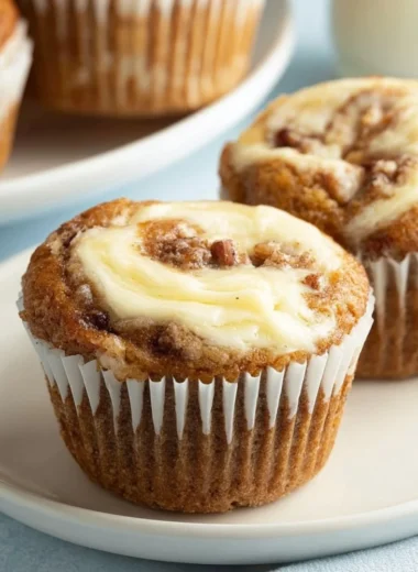 Moist banana cream cheese muffins on a wooden table