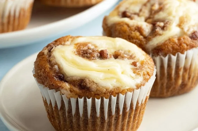Moist banana cream cheese muffins on a wooden table