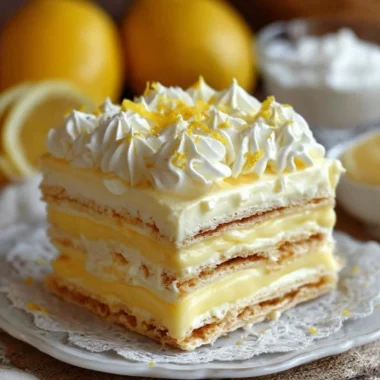 No-Bake Lemon Eclair Cake topped with lemon icing and garnished with zest