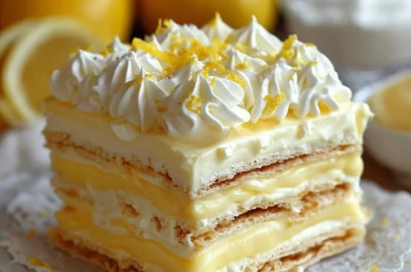No-Bake Lemon Eclair Cake topped with lemon icing and garnished with zest