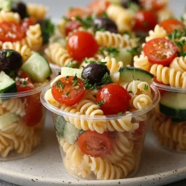 Colorful pasta salad cups filled with fresh vegetables and dressing.