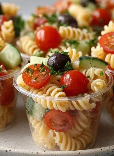 Colorful pasta salad cups filled with fresh vegetables and dressing.