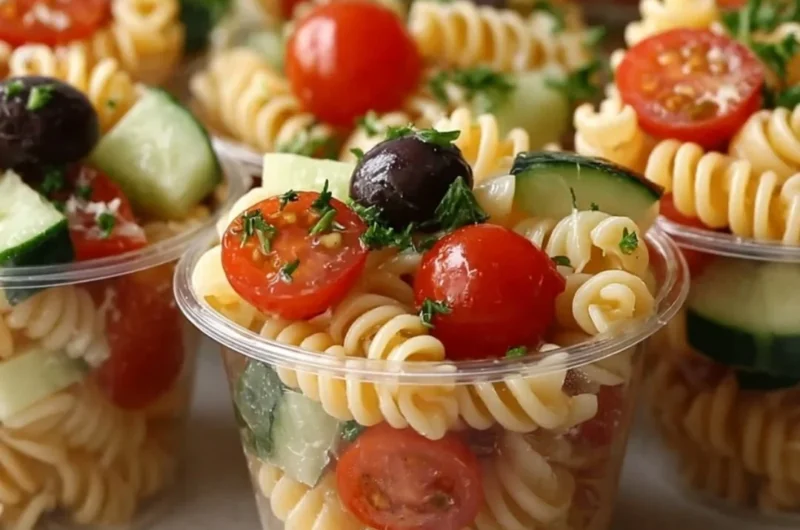 Colorful pasta salad cups filled with fresh vegetables and dressing.