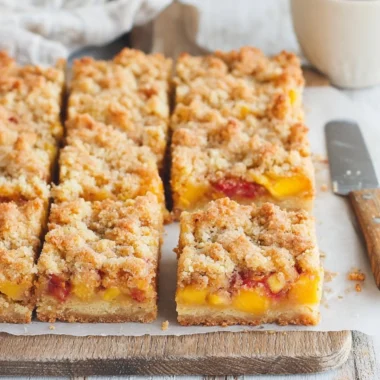 Delicious Peaches and Cream Crumble Bars with fresh peach topping