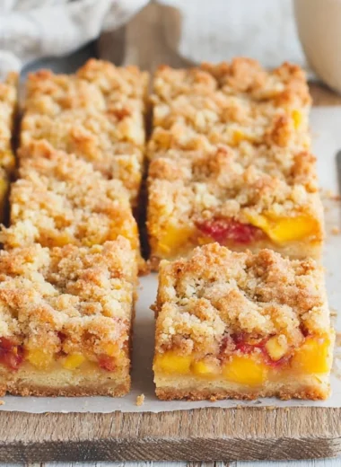 Delicious Peaches and Cream Crumble Bars with fresh peach topping