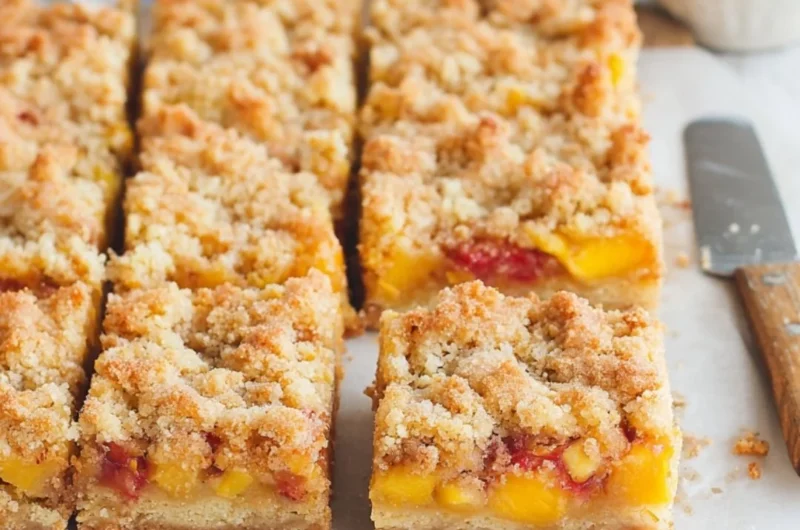 Delicious Peaches and Cream Crumble Bars with fresh peach topping