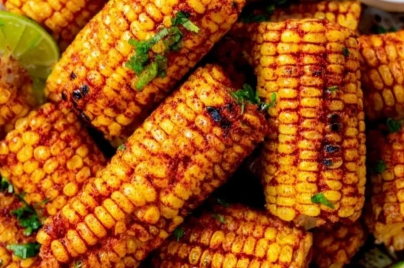 Delicious roasted corn ribs served on a rustic wooden plate