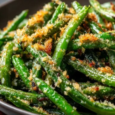 Plate of roasted green beans with garlic and parmesan topping