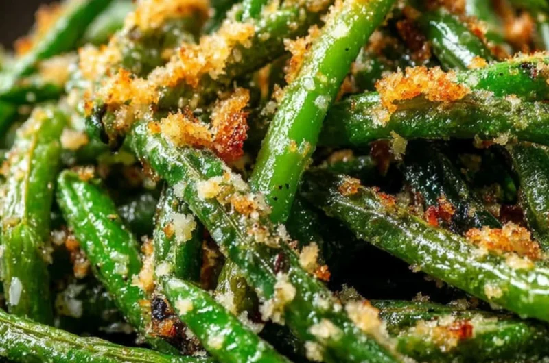 Plate of roasted green beans with garlic and parmesan topping