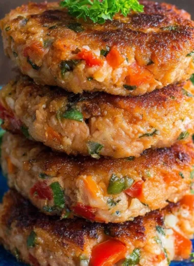 Homemade salmon patties served with fresh herbs and lemon wedges