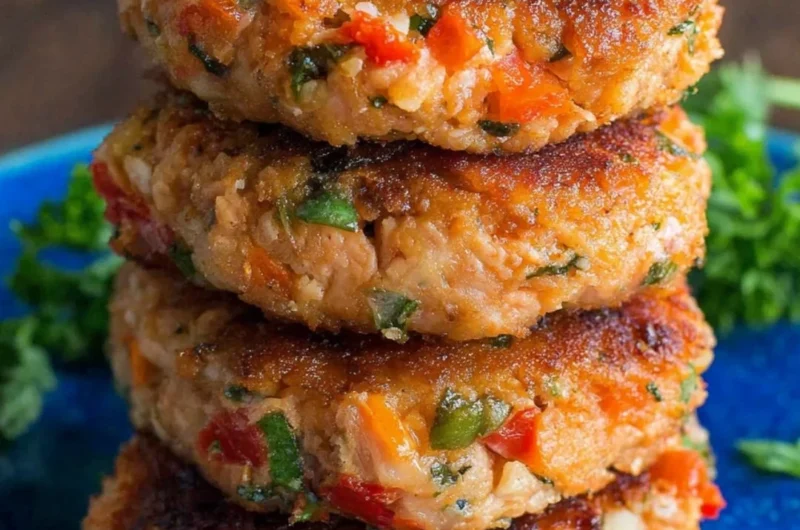 Homemade salmon patties served with fresh herbs and lemon wedges