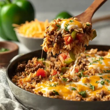 Delicious ground beef and rice skillet served in a pan.