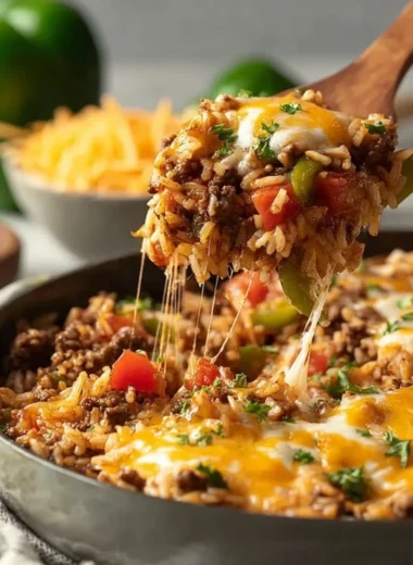Delicious ground beef and rice skillet served in a pan.