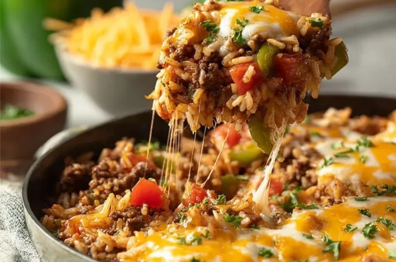 Delicious ground beef and rice skillet served in a pan.