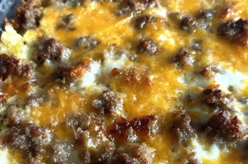Sausage Hashbrown Breakfast Casserole baked in a dish, topped with cheese and herbs