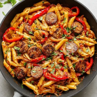 Delicious sausage pasta served in a bowl with fresh herbs and grated cheese