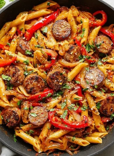 Delicious sausage pasta served in a bowl with fresh herbs and grated cheese