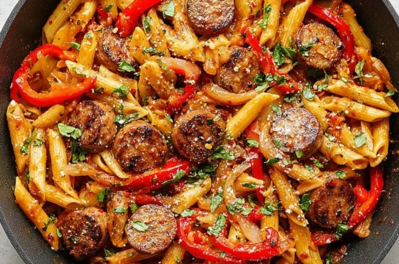 Delicious sausage pasta served in a bowl with fresh herbs and grated cheese