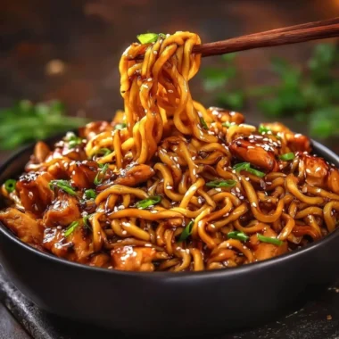 Delicious sticky garlic chicken served with noodles on a plate