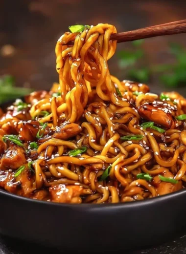 Delicious sticky garlic chicken served with noodles on a plate