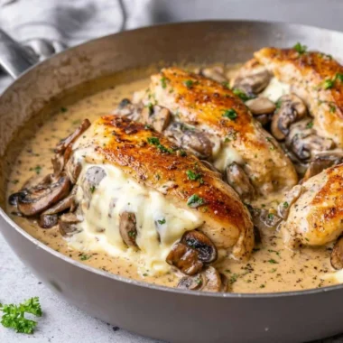 Stuffed chicken breast filled with mushroom and cheese.
