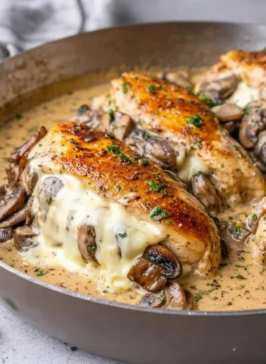 Stuffed chicken breast filled with mushroom and cheese.